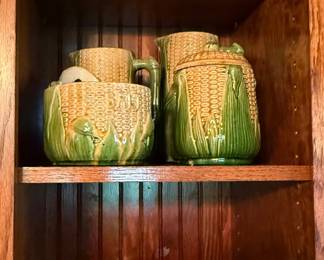 ADVERTISING CROCKS, BRUSH MCCOY MAJOLICA CORN POTTERY AND ROYAL DOULTON BRAMBLY HEDGE CUPS AND SAUCERS