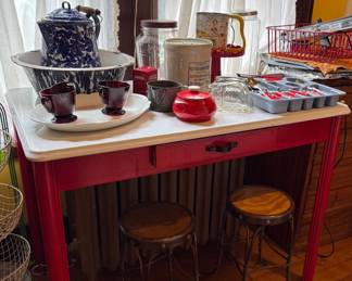 ANTIQUE CROCKS, BLUE SWIRL ENAMELWARE AND MORE