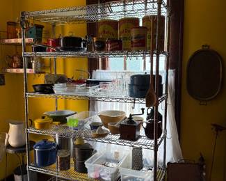 SHELVING, VINTAGE OLD DUTCH TINS & MORE