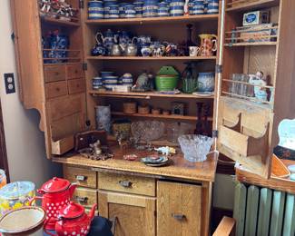 ANTIQUE HOOSIER CABINET & VINTAGE CORNISHWARE JARS