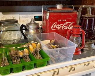 VINTAGE SILVERWARE, ANTIQ2UQE COCA COLA COOLER, LANTERNS & MORE