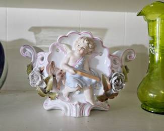 Cherub Putti Flowered Jardiniere Planter Crossbow Hand Painted German Porcelain