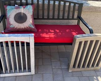 Metal Sitting Bench, And Two Plastic Partial Fence Decor Pieces