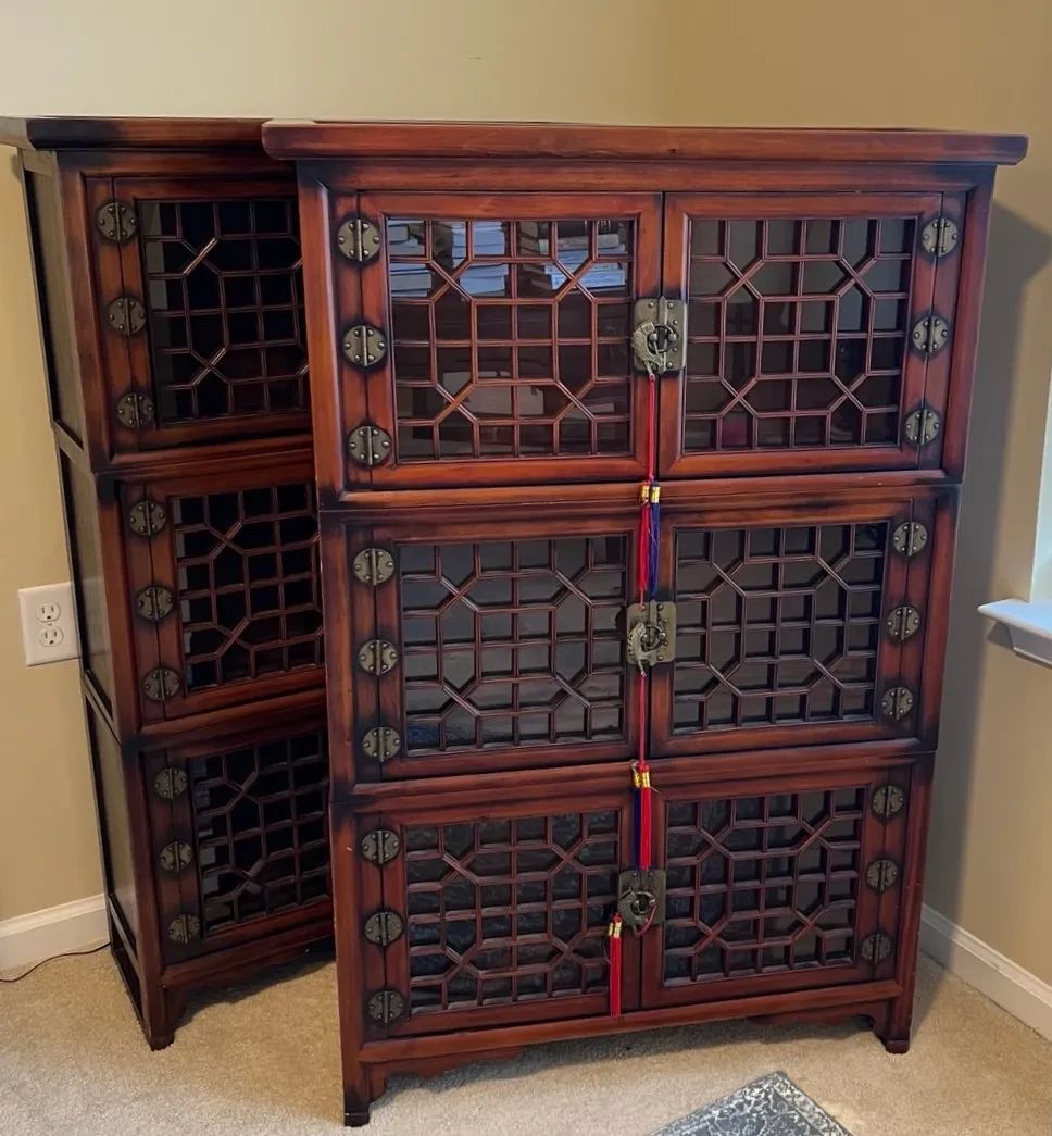 01 2 Vintage Wood Display Stacking Bookcases wLattice Fretwork Glass Doors, Korea Display Cabinets