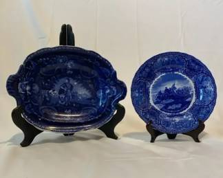 Antique Dark Blue Staffordshire Transferware Platter Plate Set Ye Olde Historical