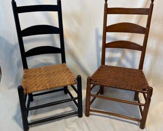 Two Antique Ladderback Wooden Chairs, Woven Rush Seats, Finials