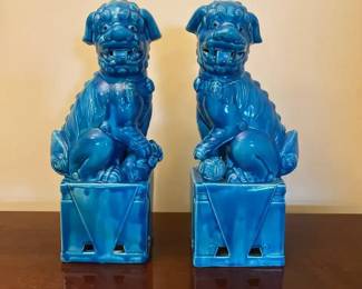 Vibrant Turquoise Porcelain Foo Dogs, Made in Japan One Repaired