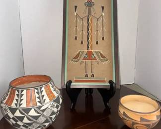 Signed Southwestern Pottery Native American Sand Art Collection 3 Pieces