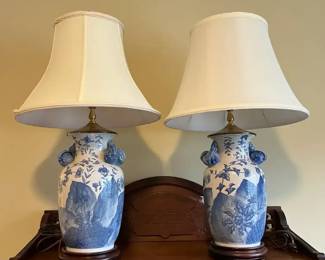 Vintage Blue White Glazed Porcelain Table Lamps, Dark Wood Bases Pair, Floral Leaf Motif