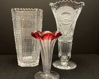 Vintage Cut Crystal Vases, Red Ruffle Vase, 3 Pieces