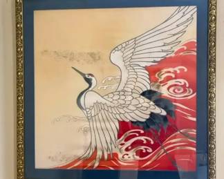 06 Japanese Crane Textile Art 32 x 32 Ornate Gold Frame