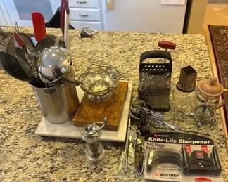 Kitchen Lot Utensils, Measuring Spoons, Cutting Board, More All Clad, WUSTHOF, Pampered Chef