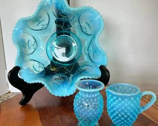 Fenton Aqua Blue Opalescent Hobnail Lot, Ruffled Bowl, Bud Vase, CreamerMini Pitcher 3 Pcs