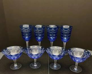 Vintage Bohemian Cobalt Blue CuttoClear Crystal Wine Goblets Champagne Coupes Set