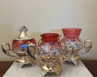 Victorian Cranberry Enameled Glass Condiment Jars w SilverPlated Stands
