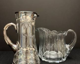 Antique Glass Pitcher with Sterling Silver Overlay, Heisey Scalloped Heavy Pitcher