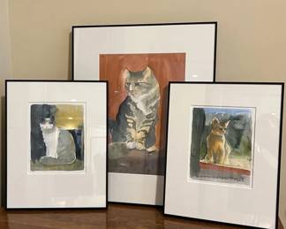 Set of 3 Signed Cat Watercolor Paintings, Framed