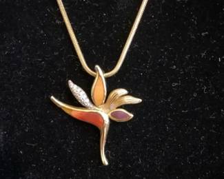 07 Na Hoku 14K Tricolor Bird Of Paradise Pendant w Oyster Inlay, Diamonds 14K Made in Italy Chain