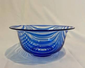 Vintage Handblown Art Glass Bowl Cobalt Blue Pulled Swirl Design