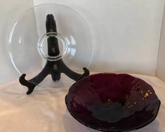 Large Amethyst Purple Textured Serving Bowl and PlatterCake Stand
