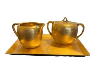 Vintage Pickard Etched Gold Sugar Bowl, Creamer w Tray