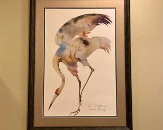 Carol Grigg Crane Song Watercolor Print 30 x 39, Framed Matted Elegant Bird Wall Art