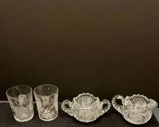Antique American Brilliant Period Creamer, Sugar Bowl, 2 Etched Crystal Whiskey Glasses