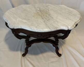 Antique Mahogany Marble Top Parlor Table, Renaissance Revival