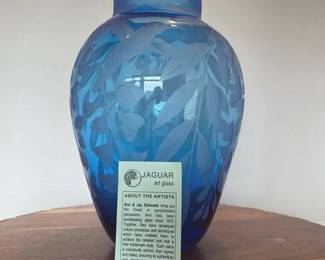 Vintage Jaguar Art Glass Vase, Signed Blue Etched Hummingbirds, Florals