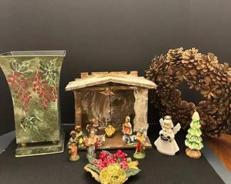 Italian Nativity Set With Wreath, Ornaments, Flower Pot, And More