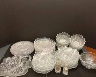 Vintage Clear Pressed Glassware Set w Indiana Glass Lily Pons Leaf Dish and Sunflower Berry Bowls