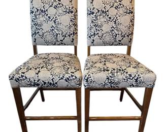 Bassett Wooden Highback Counter Stools 2, Navy and White Floral Upholstery