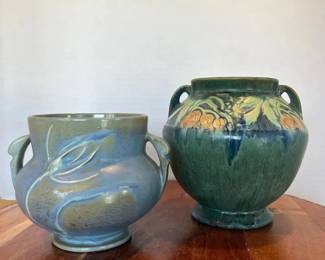 05 Vintage 1930s Roseville Pottery Baneda Green and Roseville Teasel, DoubleHandle Vase