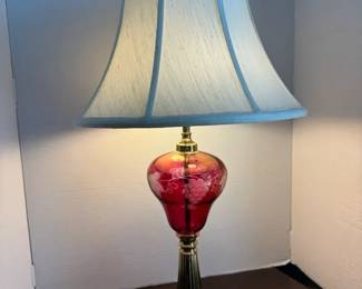Vintage Cranberry Glass Table Lamp w Etched Grape Design White Marble Base