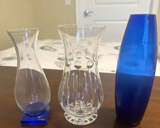 Set of 3 Decorative Glass Vases Cobalt Blue Clear Crystal, England