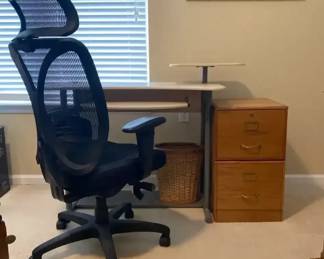 Office Lot TempurPedic Office Chair, Ergonomic Desk, Wooden File Cabinet, and Wicker Trash Can
