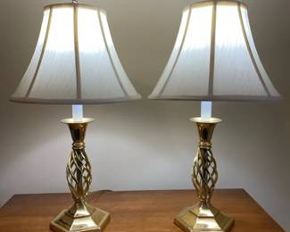 Vintage Gold Barley Twist Lamp Pair With Linen Shades