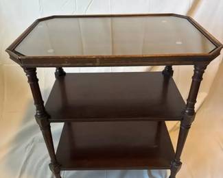 Vintage 3Tier Wood Cart with Glass Top Insert, Octagonal Top, Casters