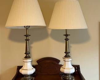 Pair of Vintage Stiffel Brass White Table Lamps with Pleated Shades