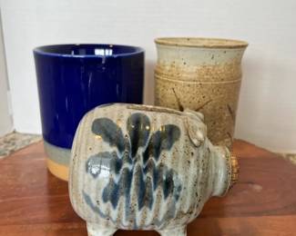 Studio Pottery Lot, Signed Piggy Bank, 2 Vases