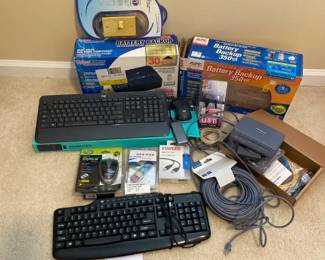 Office Electronics Lot Keyboards, Optical Mouse, USB Cords, Battery Backups, more