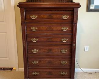02 Antique Victorian Walnut Sidelock Tall Chest of Drawers