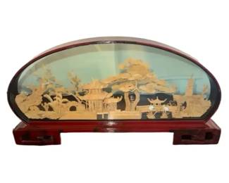 Vintage Chinese Cork Diorama in Glass Display Case Handcrafted Asian Landscape Decor