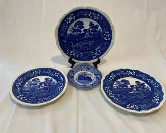 Vintage Copeland England Spodes Tower Plate Collection, Blue Transferware, Scalloped Rim