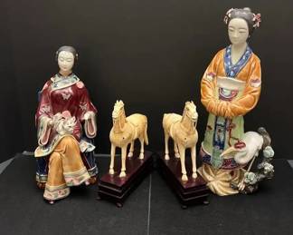 Chinese Porcelain Figurines and Carved Horses on Wooden Bases