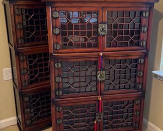  01 2 Vintage Wood Display Stacking Bookcases wLattice Fretwork Glass Doors, Korea  Display Cabinets