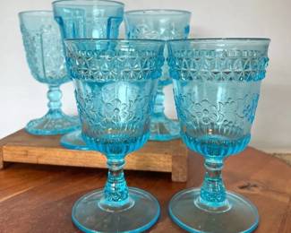 Vintage L.G. Wright Blue Aqua Pressed Glass Goblets 5, Mixed Patterns
