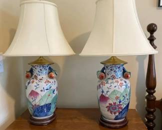 Vintage Tobacco Leaf Porcelain Lamp Pair with Pomegranate Handles