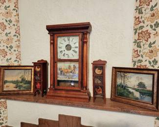 Antique clock, antique paintings, chicken decor