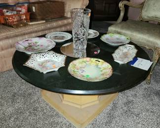 Vintage marble top coffee table, antique porcelain, cut crystal vase